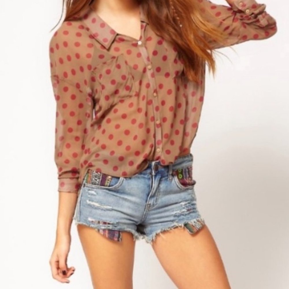 Free People Size Medium Polka Dot Easy Rider Button Down Blouse Shirt Top